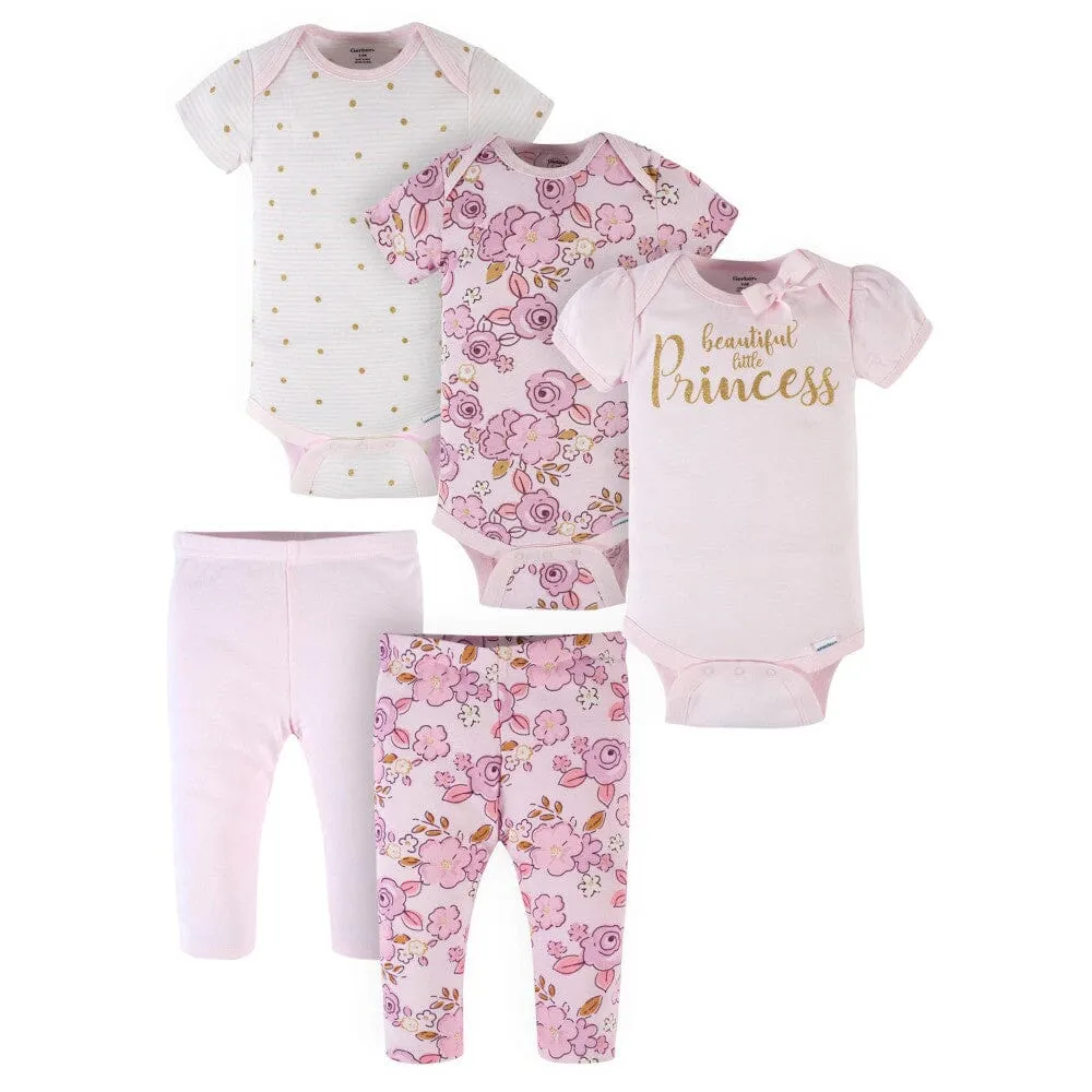5-Piece Baby Girls Princess Onesies® Bodysuits & Pants Sets