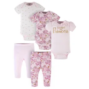 5-Piece Baby Girls Princess Onesies® Bodysuits & Pants Sets