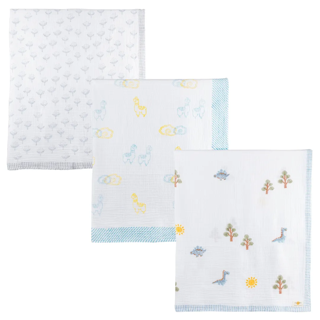A Day With Dinos Llama Love Cotton Cheer Grey Organic Muslin Swaddle (Hand-Block Printed) (Set Of 3)