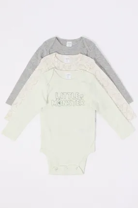 Baby Little Monster Graphic Long Sleeve Onesie (3 Pack)