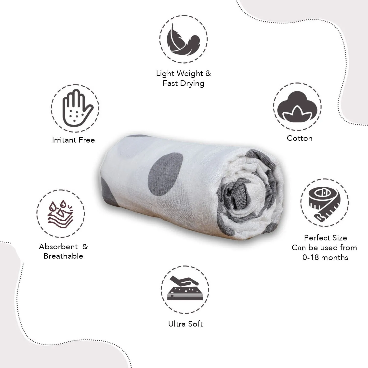 Baby Moo Polka Dots Soft Wrapper Muslin Swaddle - Grey