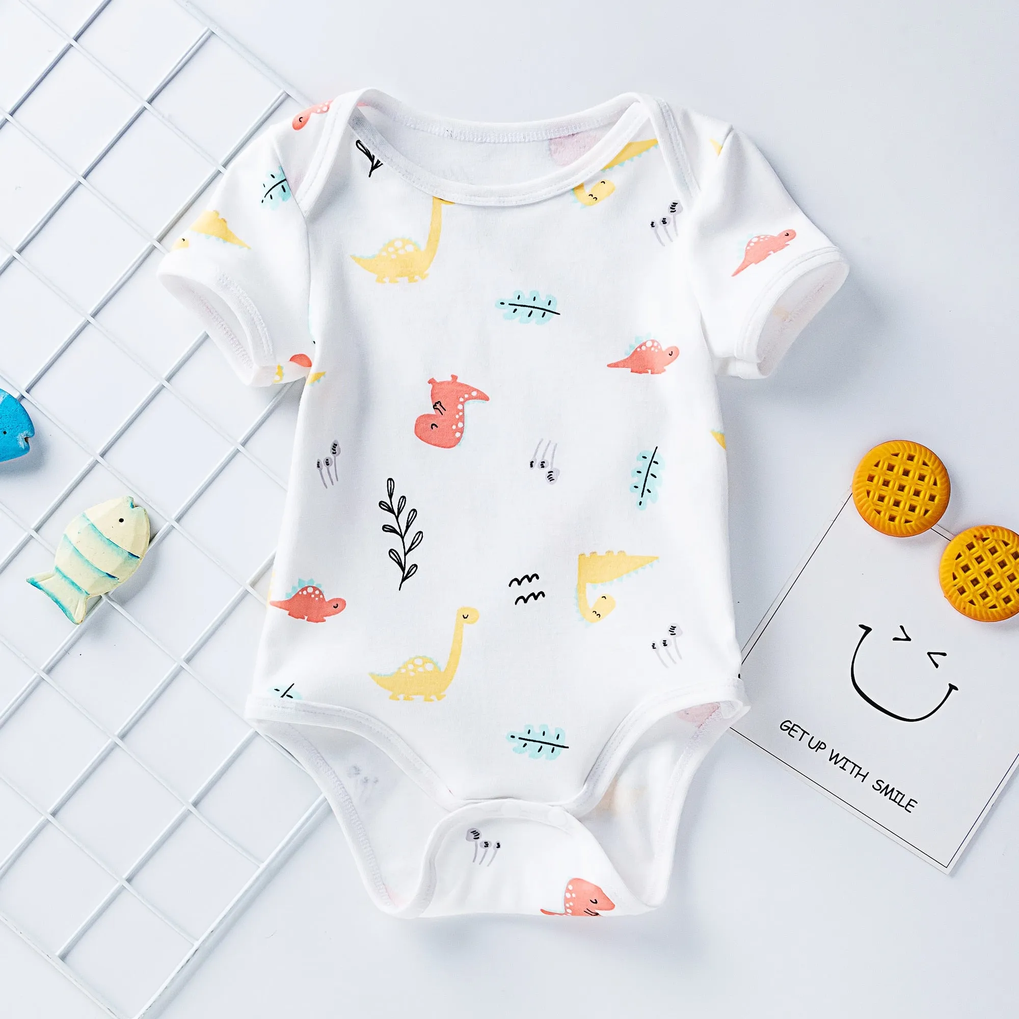 Baby Unisex Short Sleeve Printed Cotton Romper