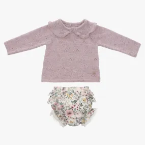Beautiful Dusty lilac Knitted jumper and floral print bloomers 2 piece set