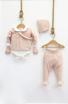 Beautiful Powder Pink Knitted  Baby 5 piece set(Jumper/Trousers/Hat/Bodysuit/Mittens)