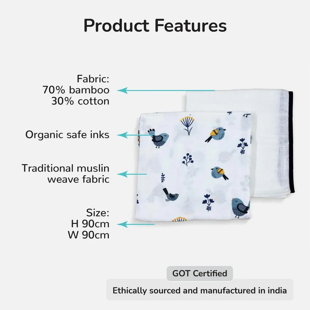 Bird & Classic White Design Muslin Swaddle Wrap- Pack Of 2