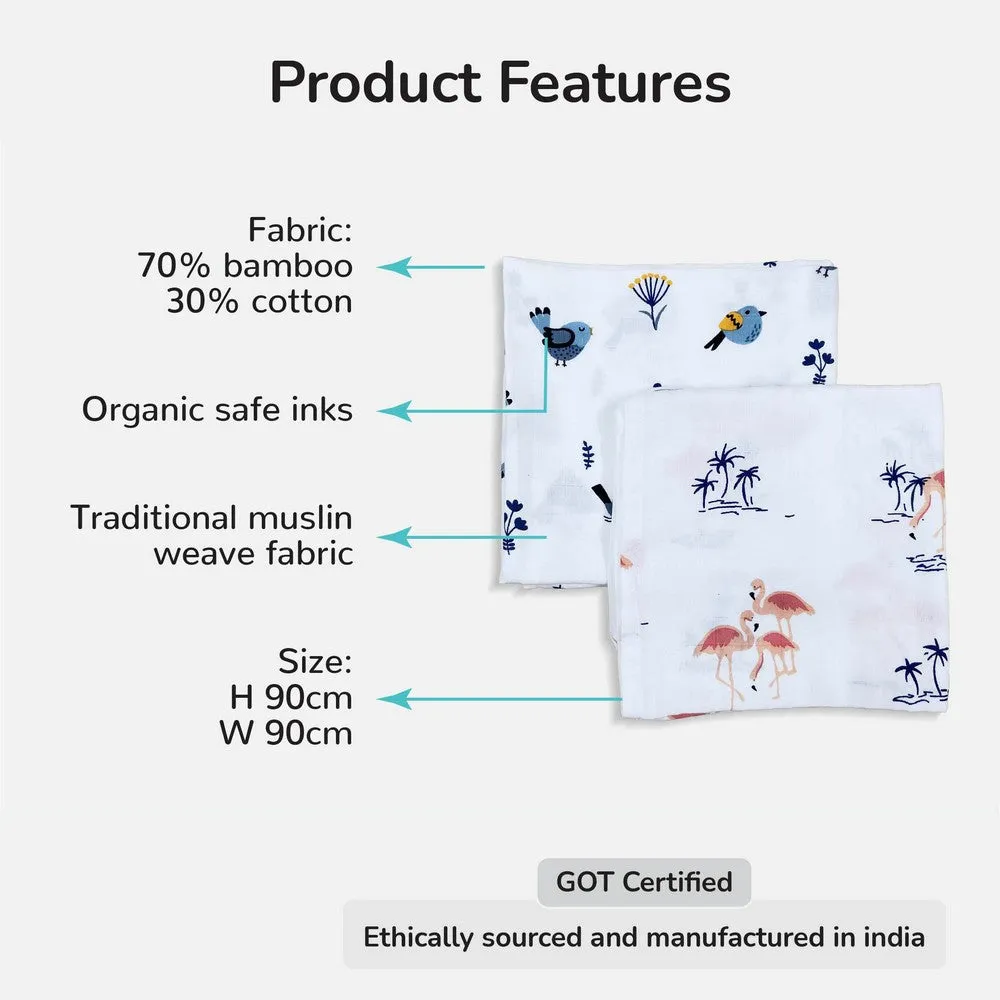 Bird & Flamingo Design Muslin Swaddle Wrap- Pack Of 2
