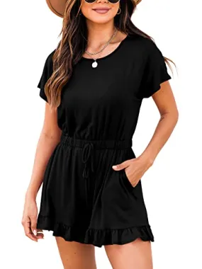 Black Summer Crewneck Casual Loose Short Sleeve Jumpsuit Rompers One Piece Pajamas Loungewear with Pockets - ANRABESS