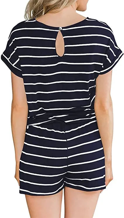 Black Summer Crewneck Casual Loose Short Sleeve Jumpsuit Rompers One Piece Pajamas Loungewear with Pockets - ANRABESS