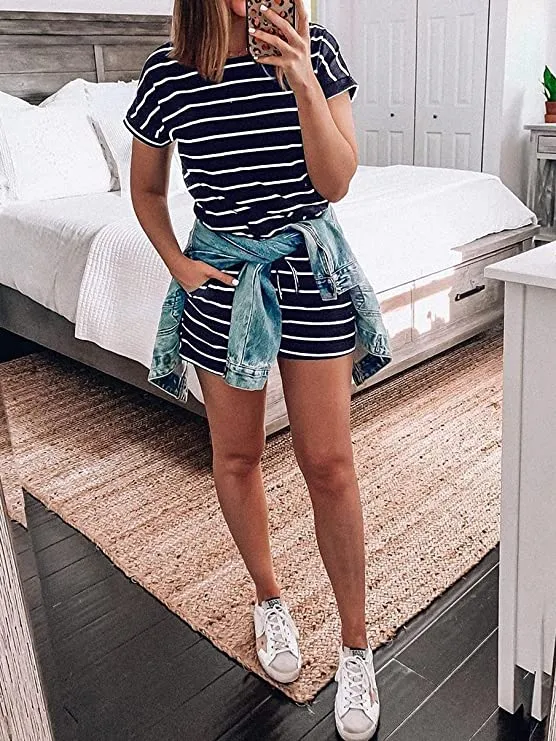 Black Summer Crewneck Casual Loose Short Sleeve Jumpsuit Rompers One Piece Pajamas Loungewear with Pockets - ANRABESS