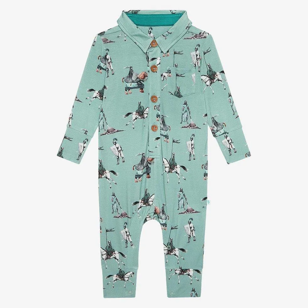 Boy's Bamboo Long Sleeve Collared Henley Romper (Knights)