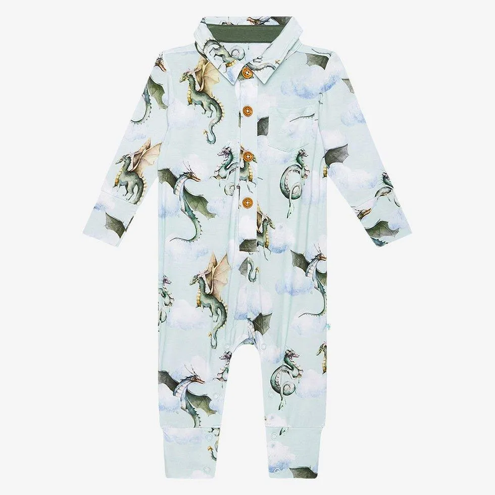 Boy's Bamboo Long Sleeve Collared Henley Romper - Percy (Dragons)