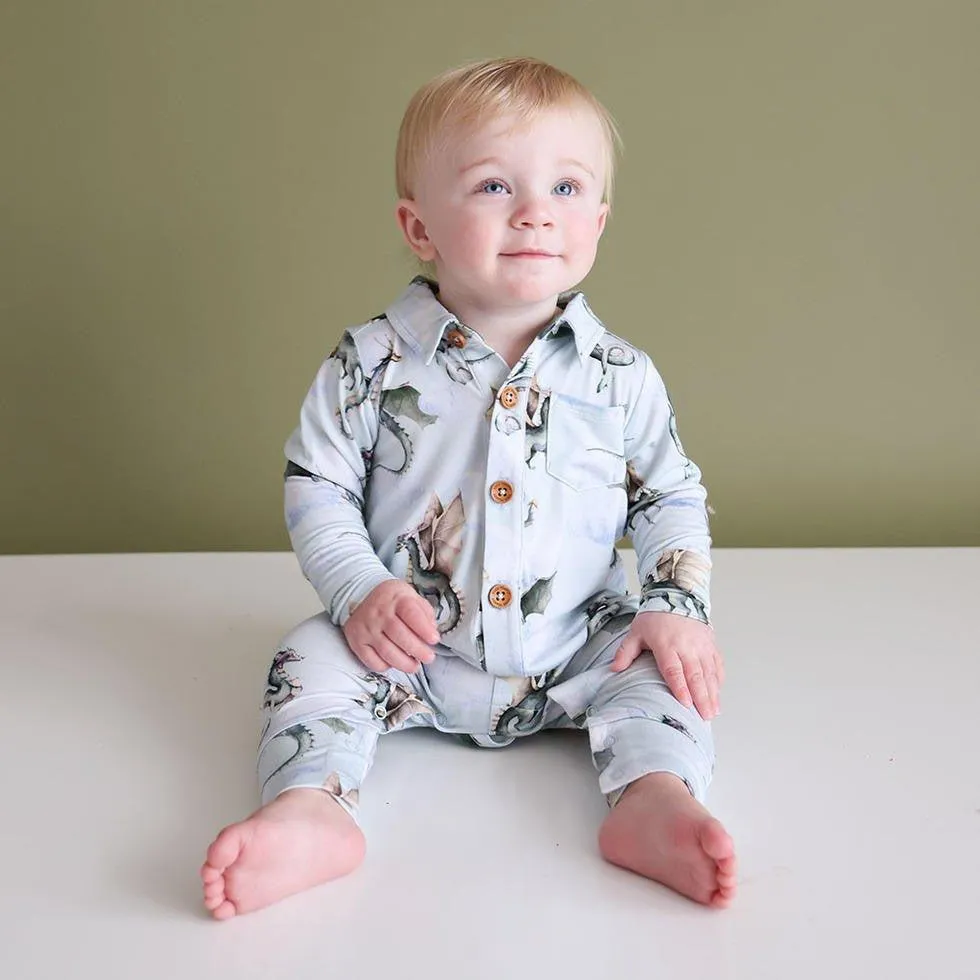 Boy's Bamboo Long Sleeve Collared Henley Romper - Percy (Dragons)