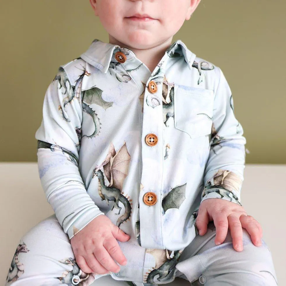 Boy's Bamboo Long Sleeve Collared Henley Romper - Percy (Dragons)