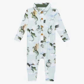 Boy's Bamboo Long Sleeve Collared Henley Romper - Percy (Dragons)