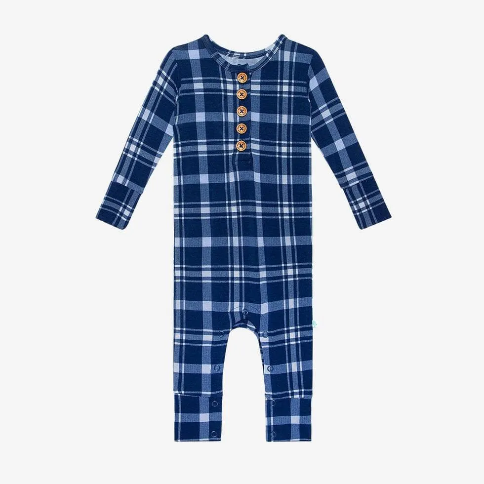 Boy's Bamboo Long Sleeve Henley Romper - Owen (Plaid)