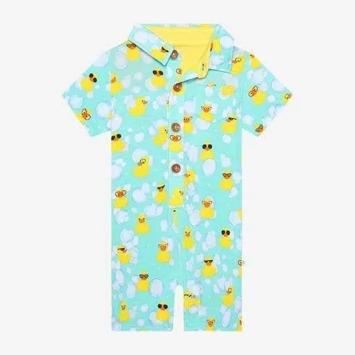Boy's Bamboo Short Sleeve Collared Henley Romper - Ducky (Ducks)