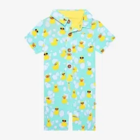 Boy's Bamboo Short Sleeve Collared Henley Romper - Ducky (Ducks)