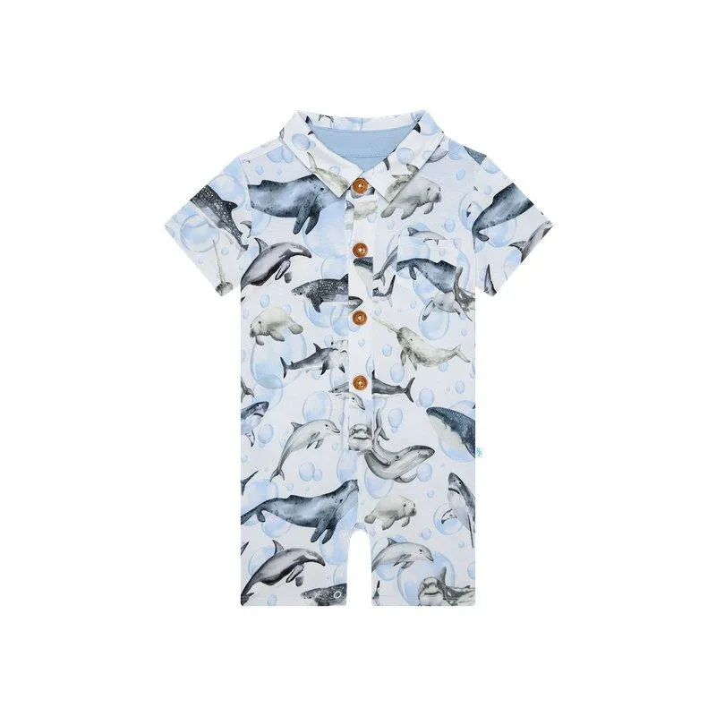 Boy's Bamboo Short Sleeve Collared Henley Romper - Sharkly