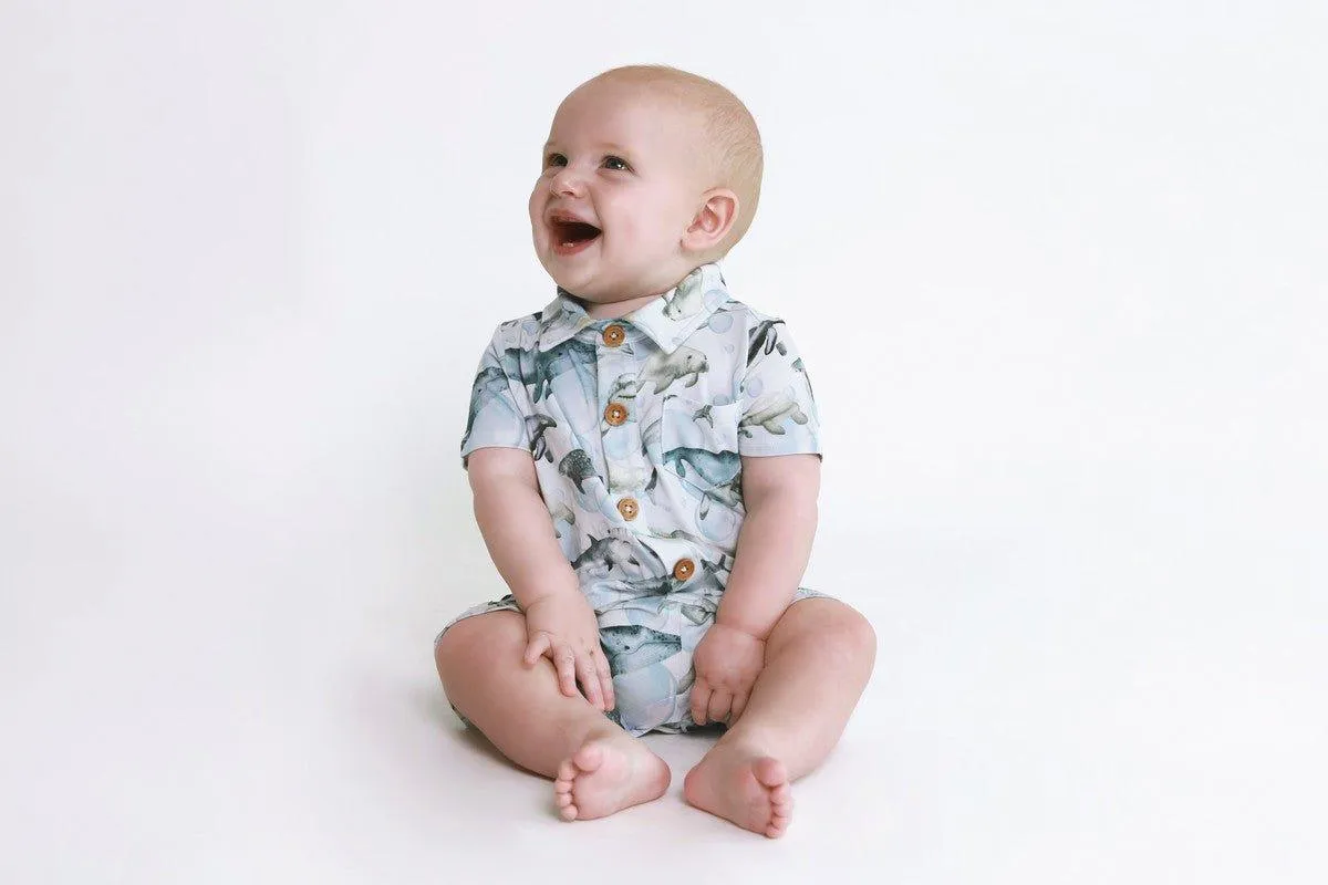 Boy's Bamboo Short Sleeve Collared Henley Romper - Sharkly