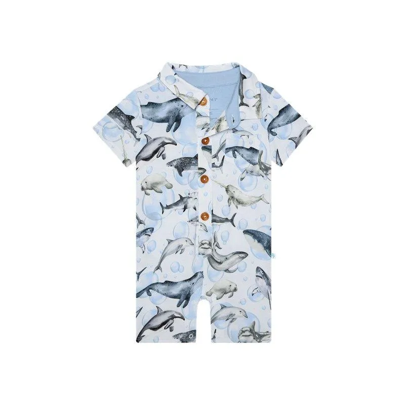 Boy's Bamboo Short Sleeve Collared Henley Romper - Sharkly