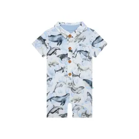 Boy's Bamboo Short Sleeve Collared Henley Romper - Sharkly