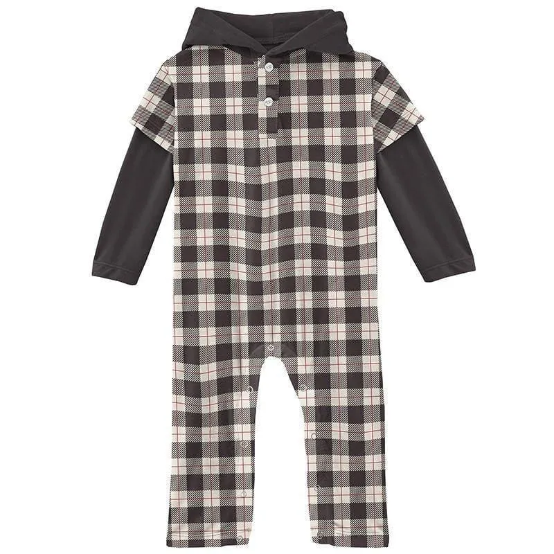 Boy's Print Bamboo Long Sleeve Hoodie Romper - Midnight Holiday Plaid