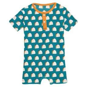 Boy's Print Bamboo Short Sleeve Henley Romper - Seagrass Tacos