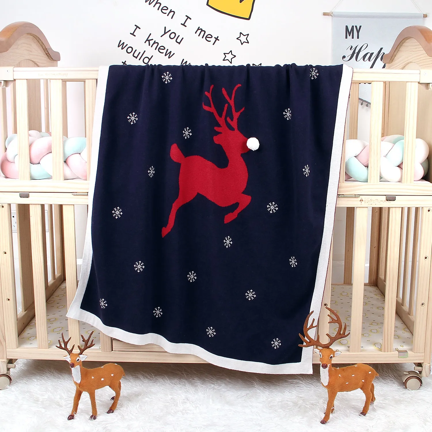 Christmas Elk Printed Wool Ball Solid Color Holding Blanket Cute Baby Blankets