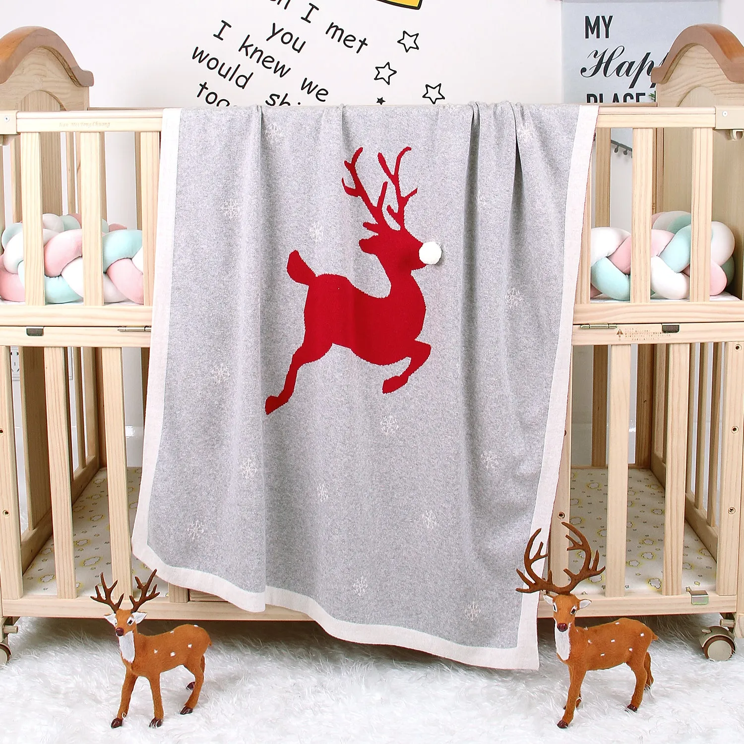 Christmas Elk Printed Wool Ball Solid Color Holding Blanket Cute Baby Blankets