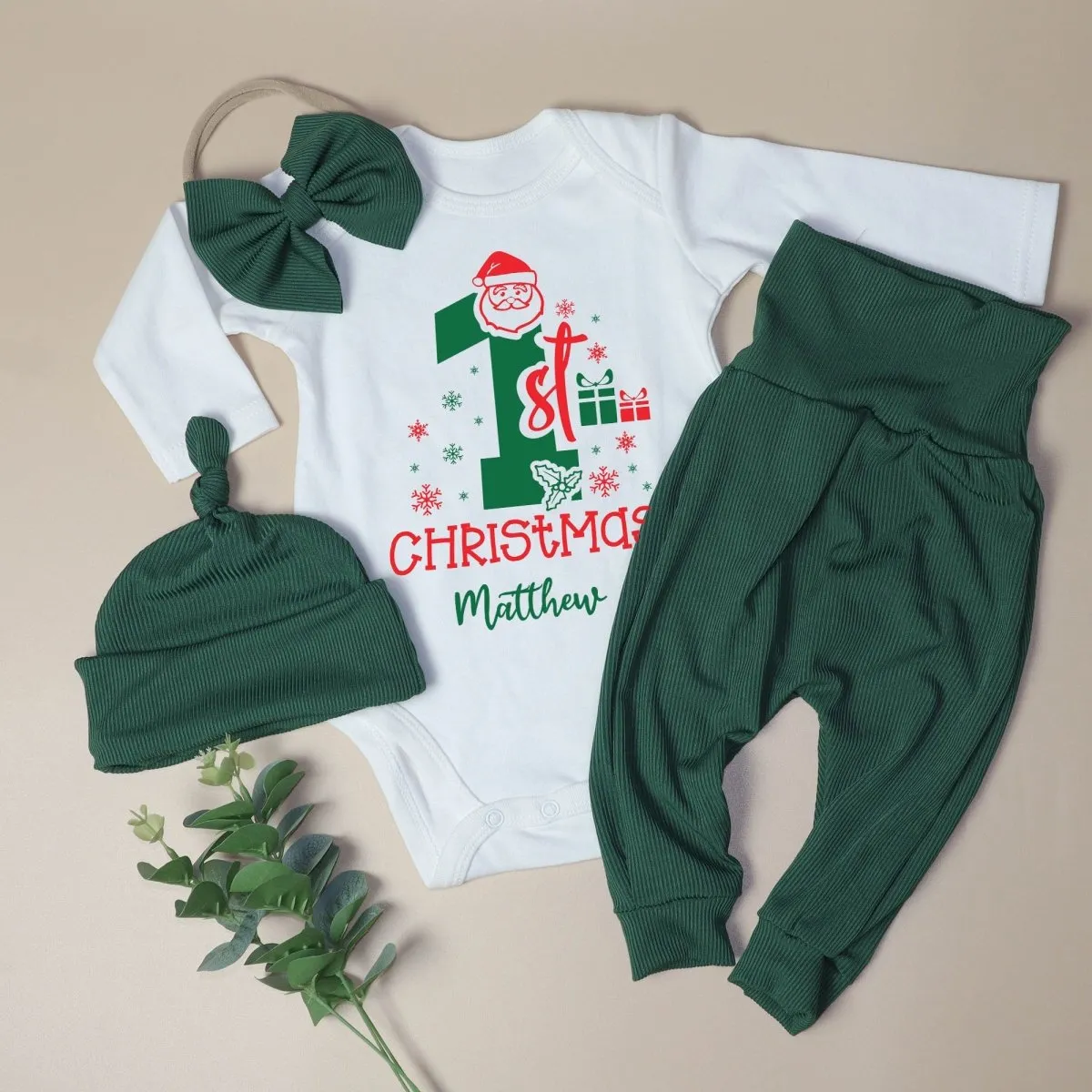 Custom Name My 1st Christmas Baby Onesie and Green Long Pants Set | Personalized My First Christmas Bodysuit