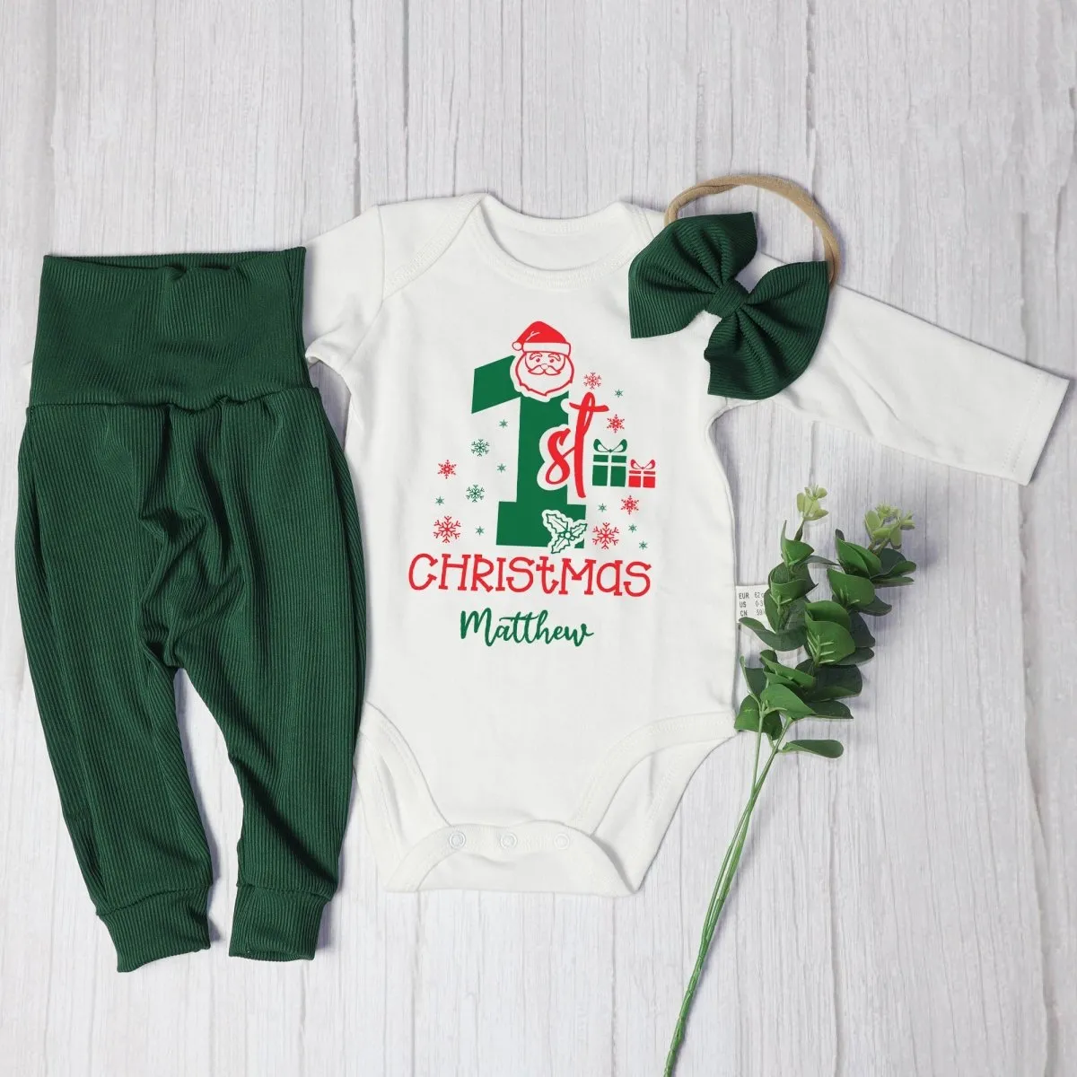 Custom Name My 1st Christmas Baby Onesie and Green Long Pants Set | Personalized My First Christmas Bodysuit