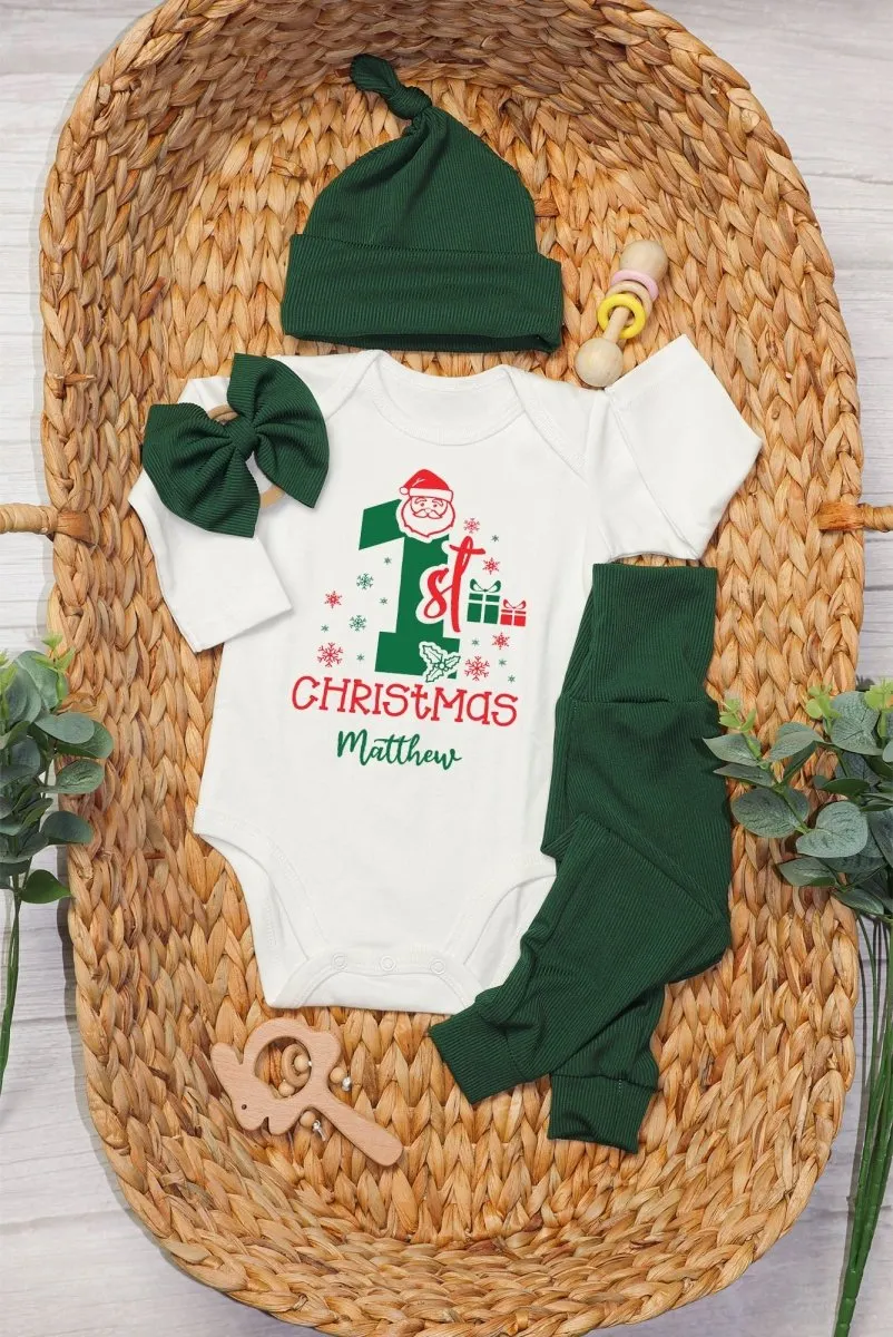 Custom Name My 1st Christmas Baby Onesie and Green Long Pants Set | Personalized My First Christmas Bodysuit