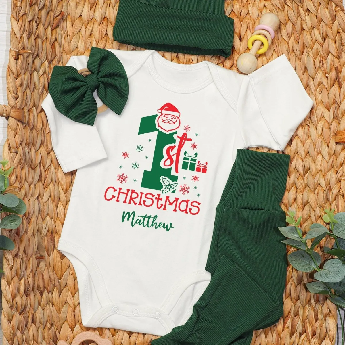 Custom Name My 1st Christmas Baby Onesie and Green Long Pants Set | Personalized My First Christmas Bodysuit
