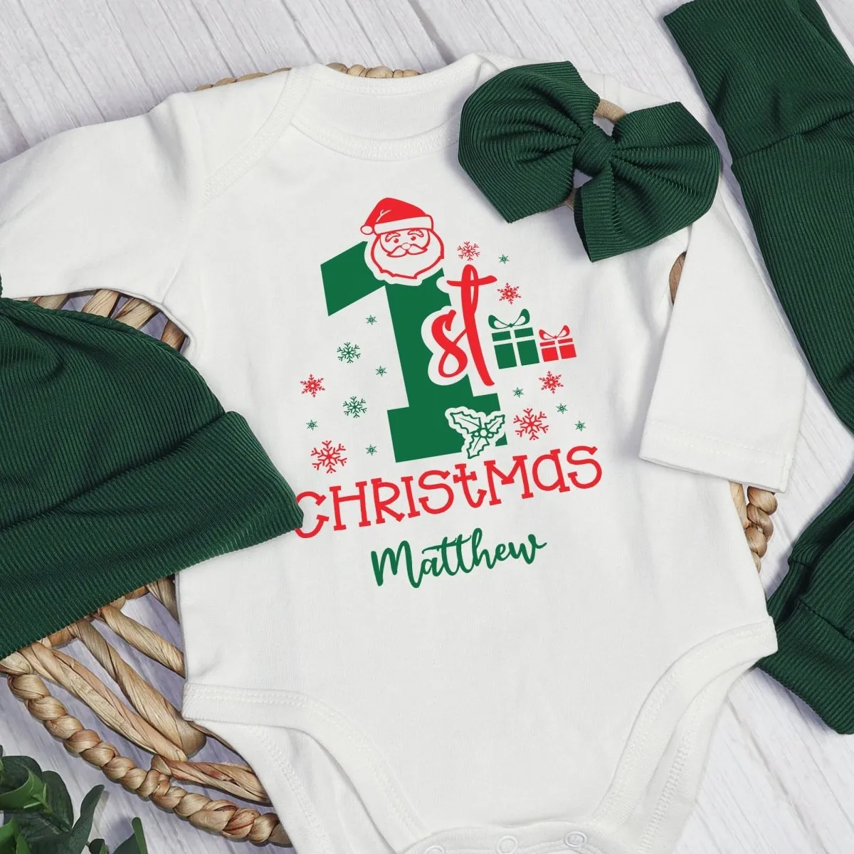 Custom Name My 1st Christmas Baby Onesie and Green Long Pants Set | Personalized My First Christmas Bodysuit