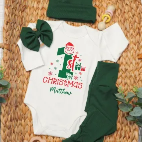 Custom Name My 1st Christmas Baby Onesie and Green Long Pants Set | Personalized My First Christmas Bodysuit
