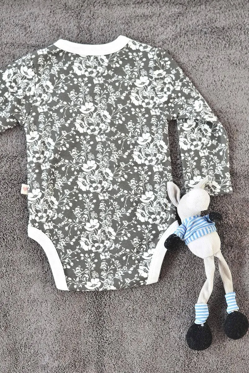 Dark Grey 'Floral' Unisex Full Sleeve Kimono Onesie In Organic Cotton