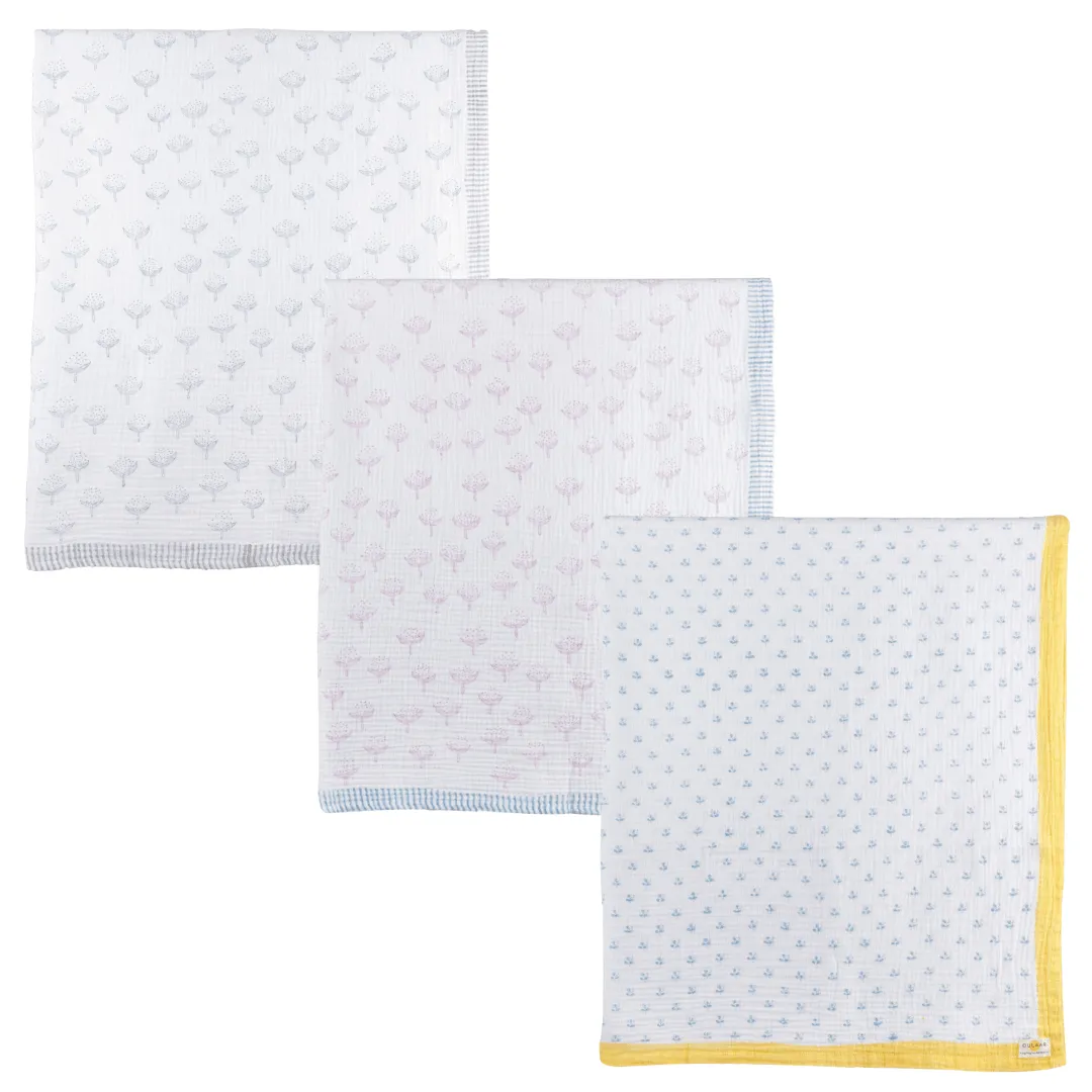 Flower From sanganer Cotton Cheer Pink Cotton Cheer Grey Organic Muslin Swaddle (Hand-Block Printed) (Set Of 3)