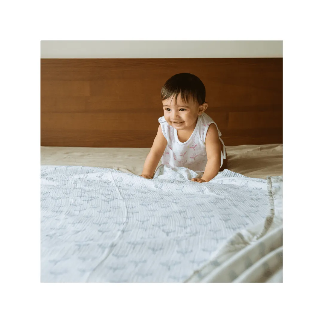Flower From sanganer Cotton Cheer Pink Cotton Cheer Grey Organic Muslin Swaddle (Hand-Block Printed) (Set Of 3)