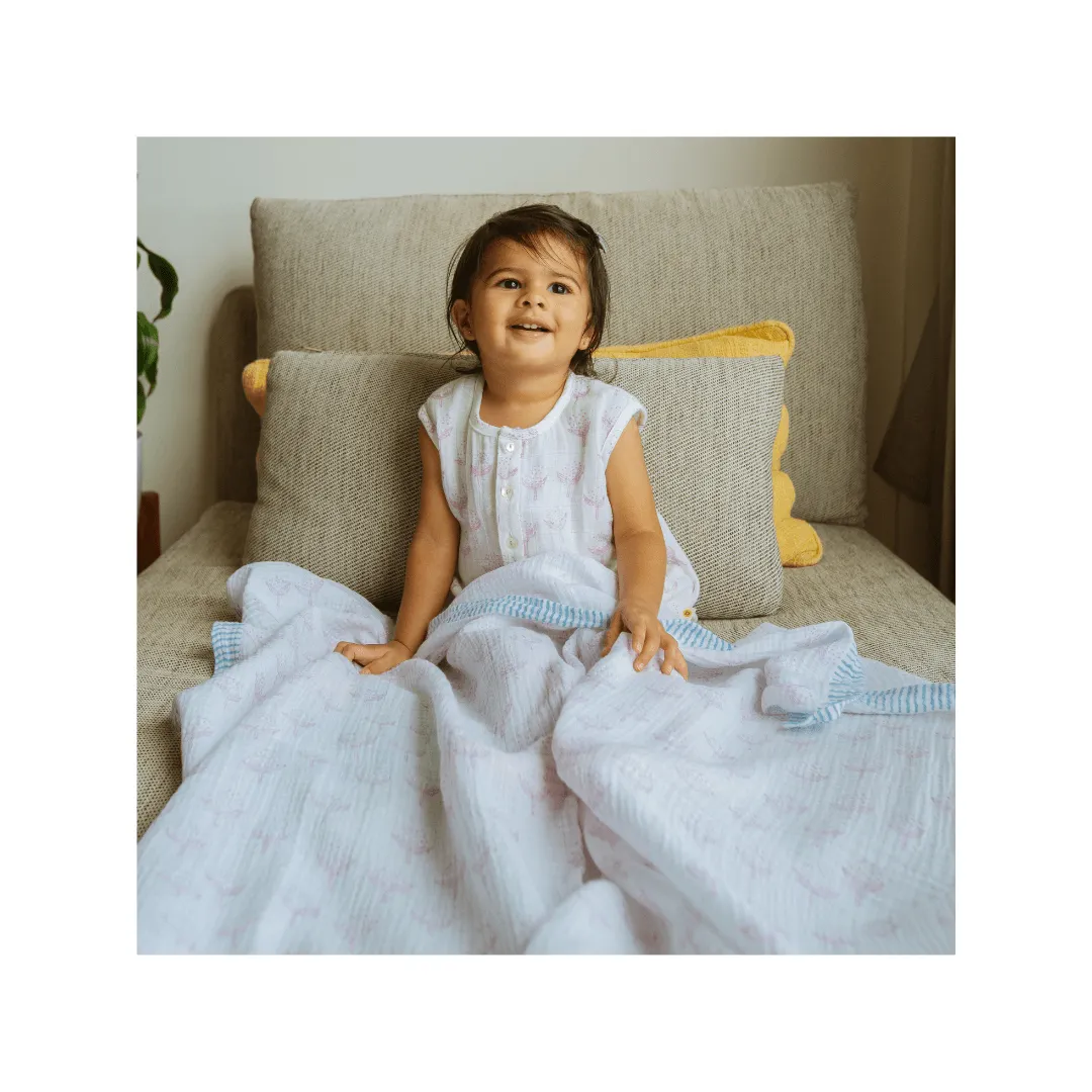 Flower From sanganer Cotton Cheer Pink Cotton Cheer Grey Organic Muslin Swaddle (Hand-Block Printed) (Set Of 3)