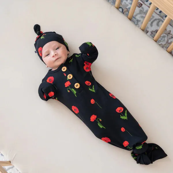 Knotted Gown with Hat Set in Midnight Poppies - Newborn
