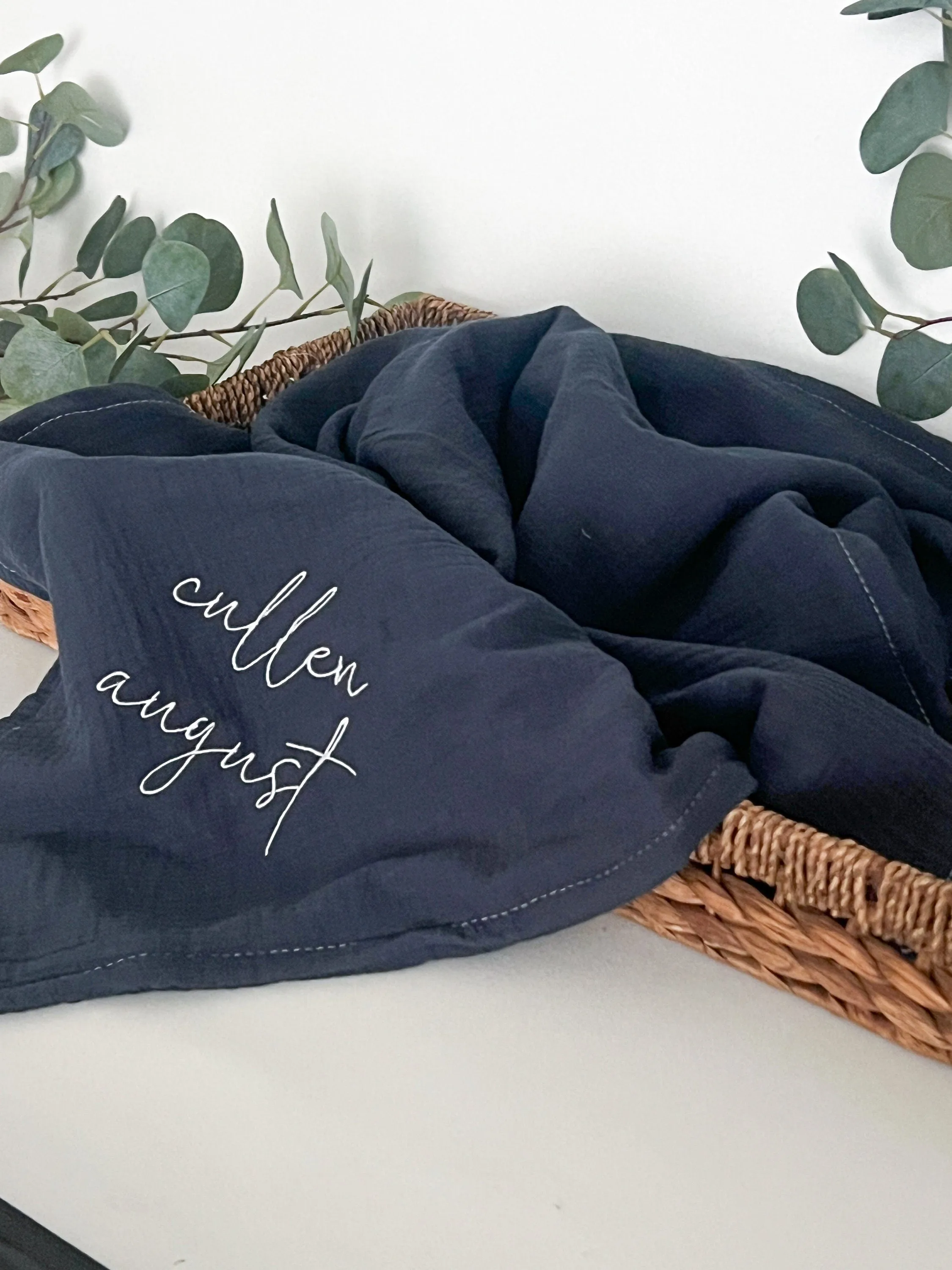 Lightweight Navy Muslin Gauze Embroidered Baby Blanket