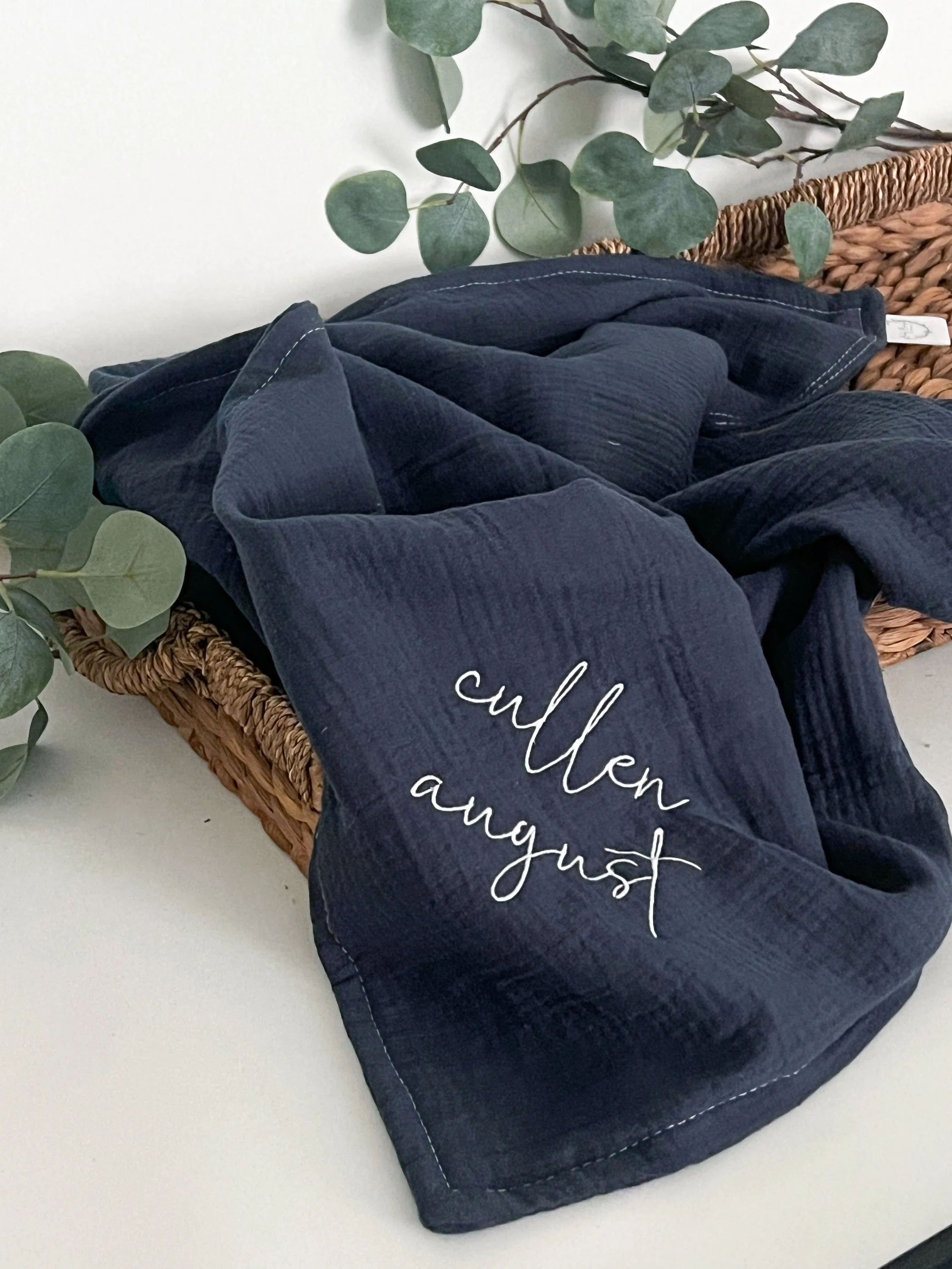 Lightweight Navy Muslin Gauze Embroidered Baby Blanket