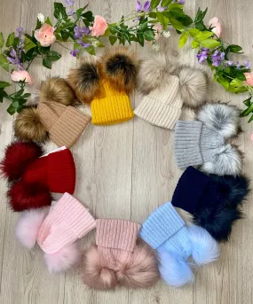 Luxury Faux Fur Double Pom Pom Knitted Hat