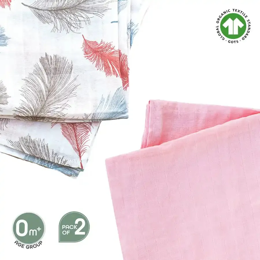 Moon Organic Muslin Wrap/ Swaddle (Feather Print & Pink)