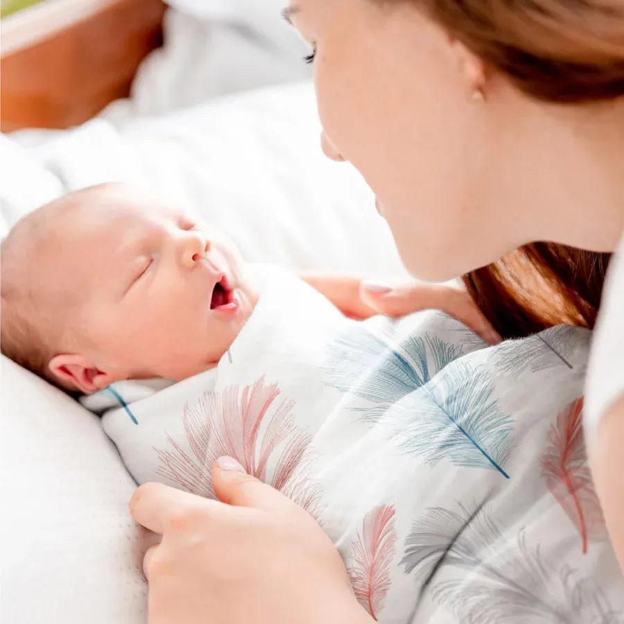 Moon Organic Muslin Wrap/ Swaddle (Feather Print & Pink)