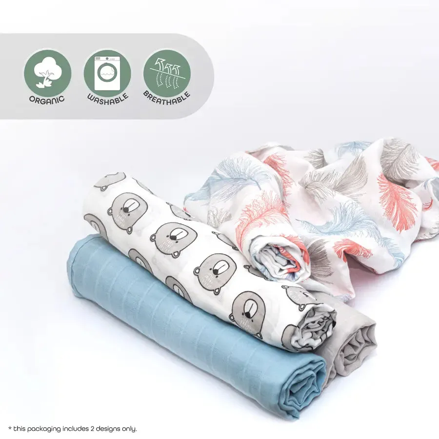 Moon Organic Muslin Wrap/ Swaddle (Feather Print & Pink)