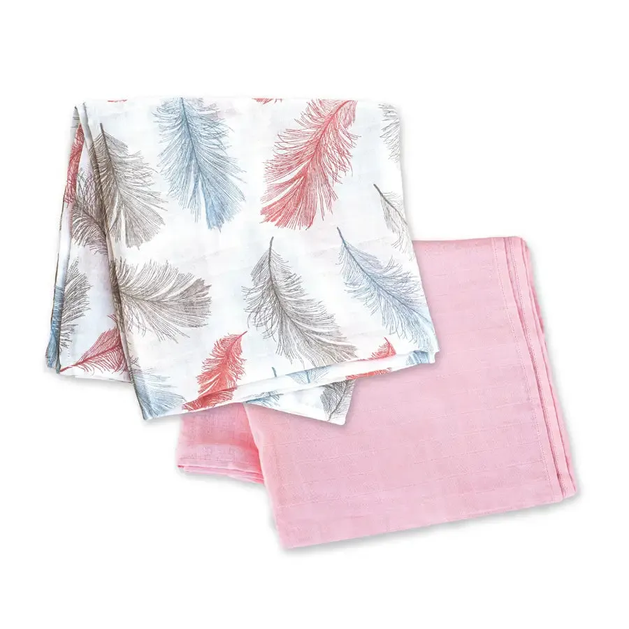Moon Organic Muslin Wrap/ Swaddle (Feather Print & Pink)
