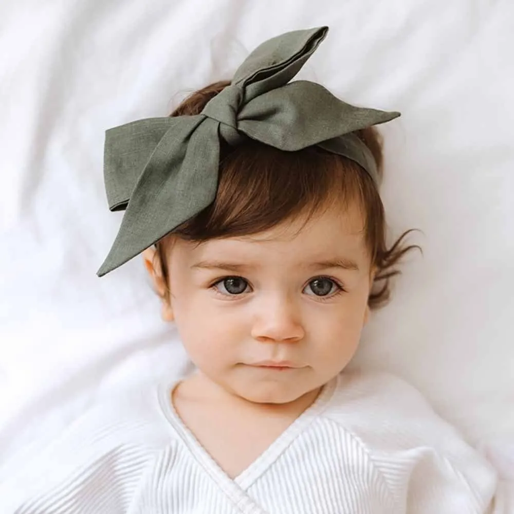 Olive Pre-Tied Linen Bow - Baby & Toddler