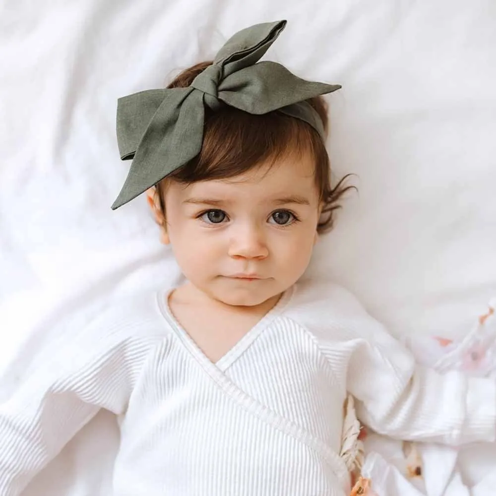 Olive Pre-Tied Linen Bow - Baby & Toddler
