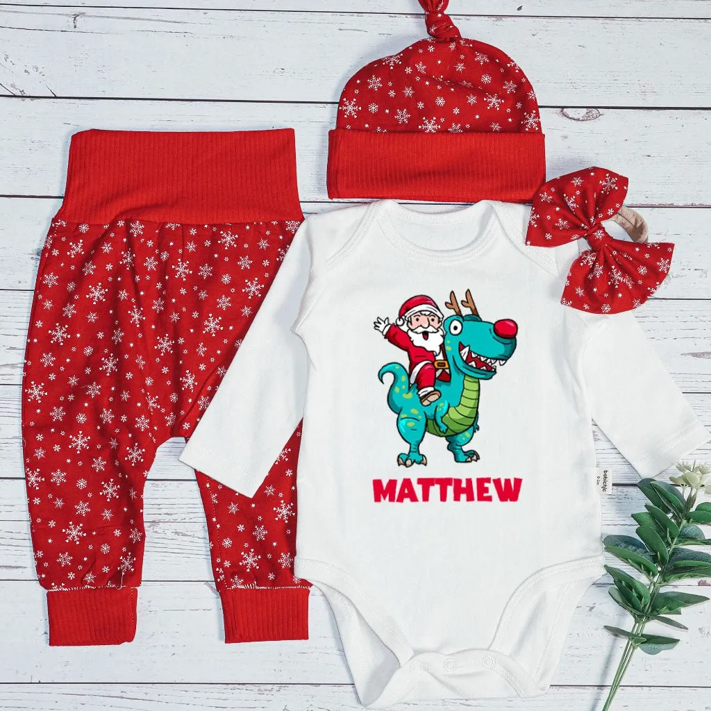 Personalized Christmas Baby Boy Onesies and Long Pants Set | Long Sleeve Onesies Santa Riding Dinosaur T-rex Baby Name | Infant Christmas Outfit